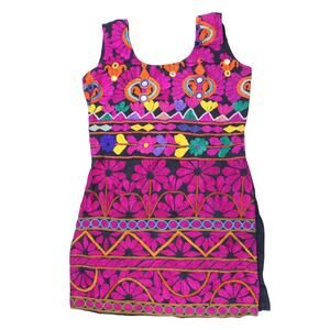 Vintage Banjara India Gujarati Rabari Kutchi Tribal Flower Embroidered Dress S